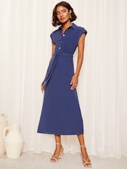 Friends Like These Blue Short Sleeve Button Detail Utility Dress - Image 1 of 4