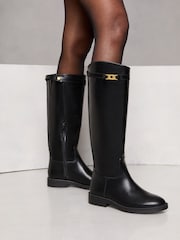 Lipsy Black Flat Long Knee High Faux Leather Riding Boots - Image 1 of 4