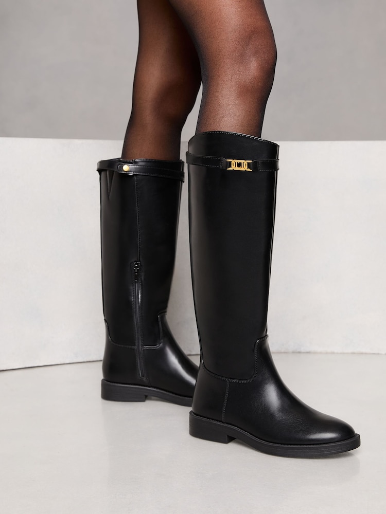 Lipsy Black Flat Long Knee High Faux Leather Riding Boots - Image 1 of 4