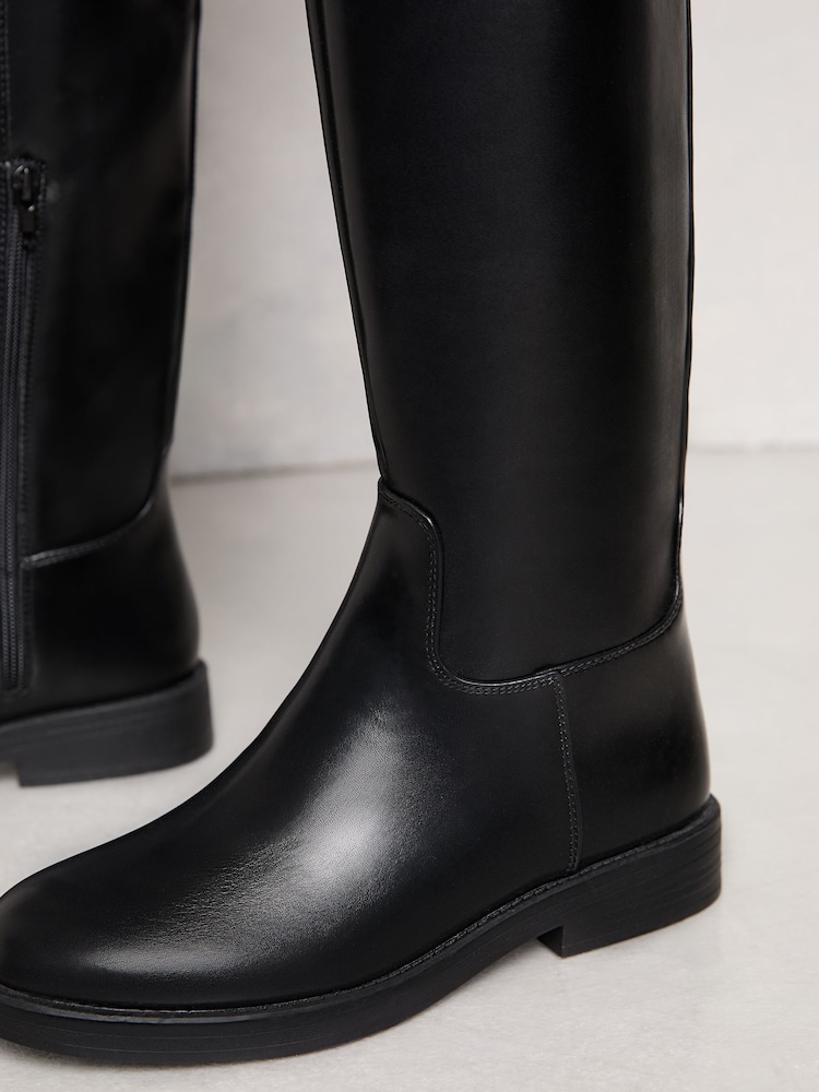 Lipsy Black Flat Long Knee High Faux Leather Riding Boots - Image 4 of 4