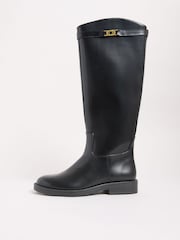 Lipsy Black Flat Long Knee High Faux Leather Riding Boots - Image 5 of 5