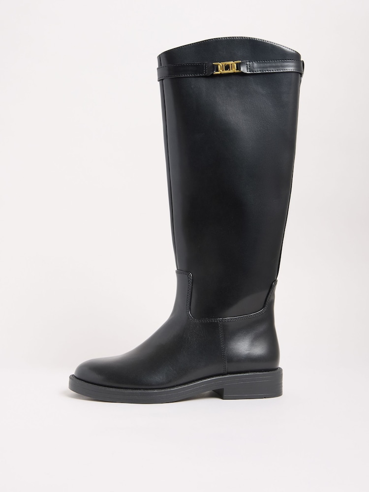 Lipsy Black Flat Long Knee High Faux Leather Riding Boots - Image 5 of 5