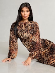Lipsy Natural Leopard Print Long Sleeve Woven Underbust Midi Dress - Image 2 of 4
