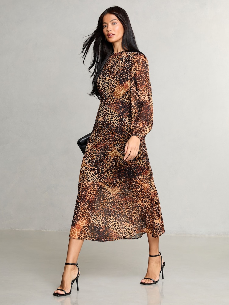 Lipsy Natural Leopard Print Long Sleeve Woven Underbust Midi Dress - Image 3 of 4