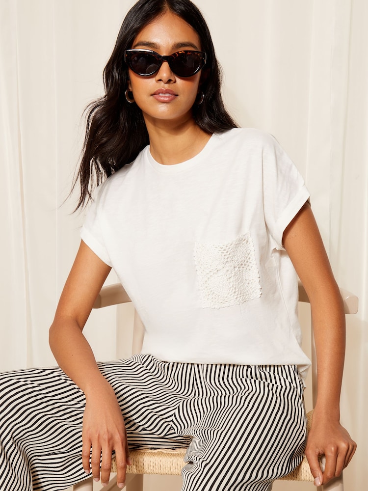 Friends Like These White Short Sleeve Crochet Pocket T-Shirt - Image 1 of 4