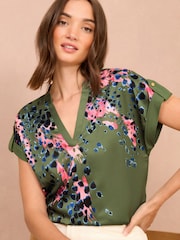 Love & Roses Green Animal Print V-Neck Satin Front T-Shirt - Image 1 of 4