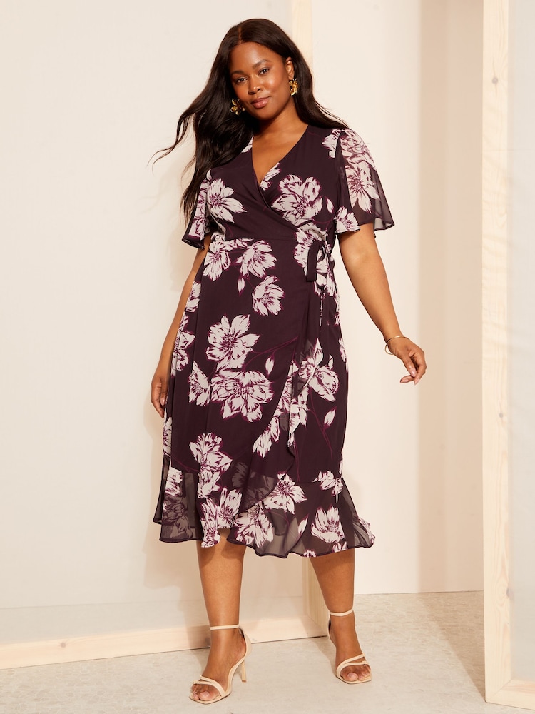 Friends Like These Red Chiffon Mix Flutter Sleeve Wrap Midi Dress - Image 1 of 4