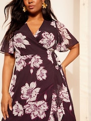 Friends Like These Red Chiffon Mix Flutter Sleeve Wrap Midi Dress - Image 2 of 4