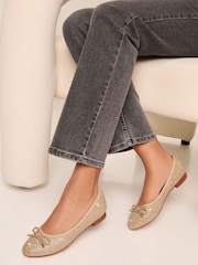 Lipsy Gold Flat Toe Cap Bow Ballet Pump Faux Leather Work Ballerina Shoes - Image 1 of 4