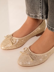 Lipsy Gold Flat Toe Cap Bow Ballet Pump Faux Leather Work Ballerina Shoes - Image 2 of 4