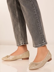 Lipsy Gold Flat Toe Cap Bow Ballet Pump Faux Leather Work Ballerina Shoes - Image 3 of 4