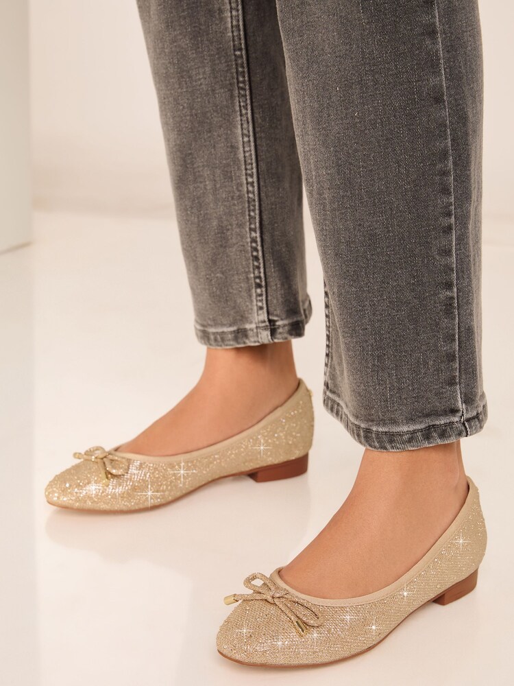 Lipsy Gold Flat Toe Cap Bow Ballet Pump Faux Leather Work Ballerina Shoes - Image 4 of 4