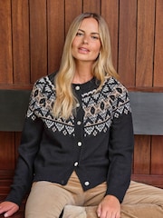 Pure Collection Wool Cashmere Fairisle Black Cardigan with Diamante Button - Image 1 of 3