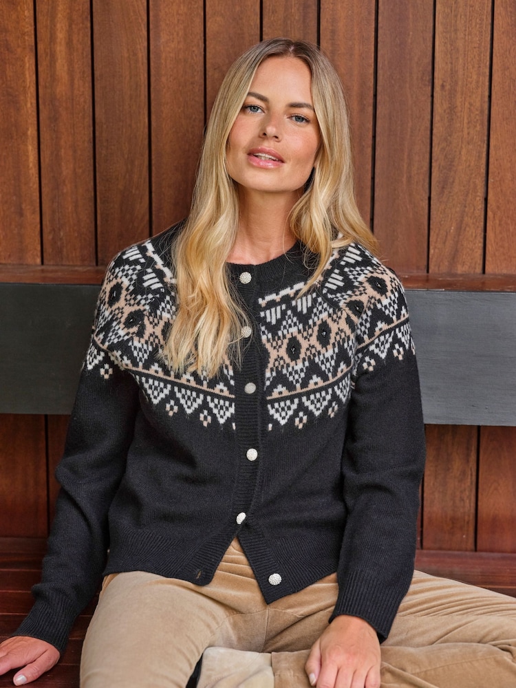 Pure Collection Wool Cashmere Fairisle Black Cardigan with Diamante Button - Image 1 of 3