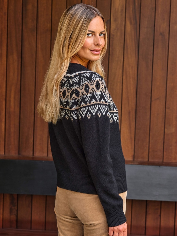 Pure Collection Wool Cashmere Fairisle Black Cardigan with Diamante Button - Image 2 of 3