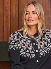 Pure Collection Wool Cashmere Fairisle Black Cardigan with Diamante Button - Image 3 of 3
