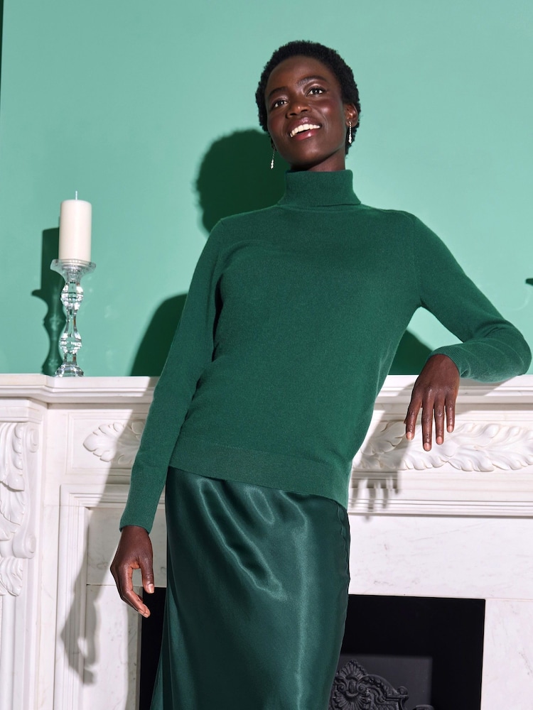Pure Collection Green Pure Cashmere Roll Neck Jumper - Image 1 of 3