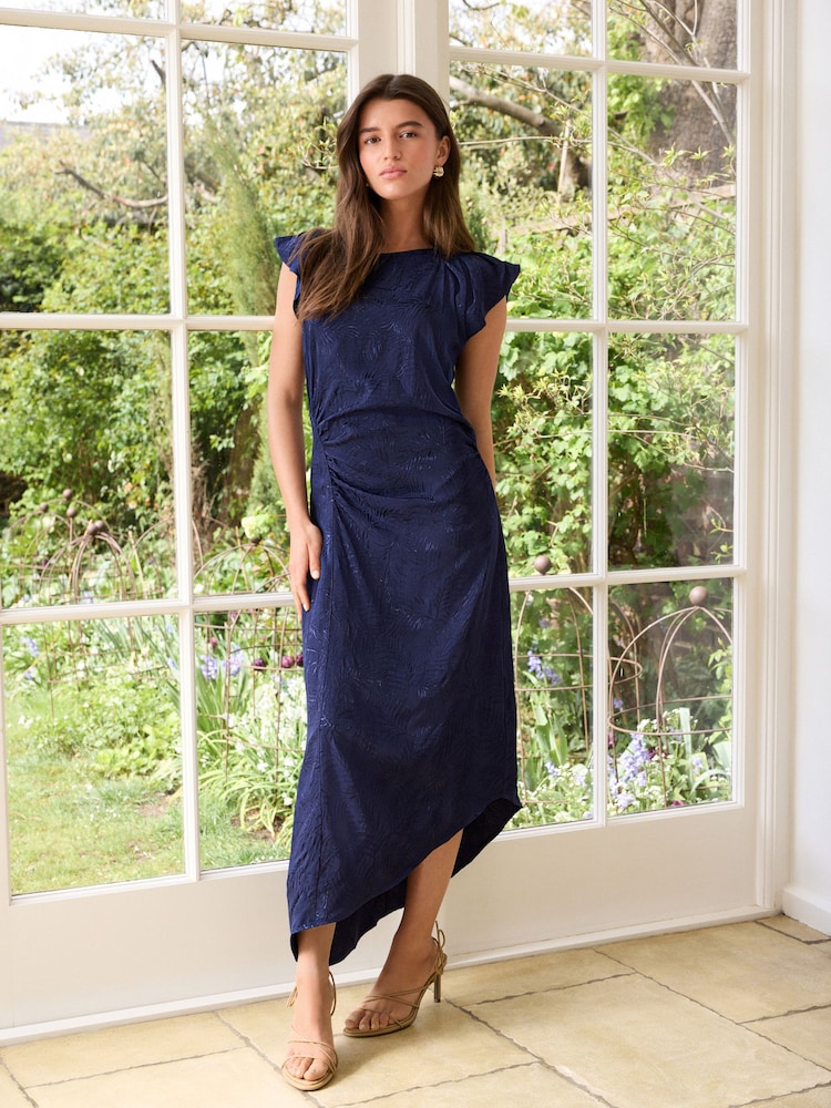 Navy Ruched Satin Jacquard Midi Dress - Image 1 of 7