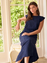 Navy Ruched Satin Jacquard Midi Dress - Image 2 of 7