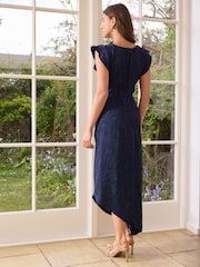 Navy Ruched Satin Jacquard Midi Dress - Image 3 of 7