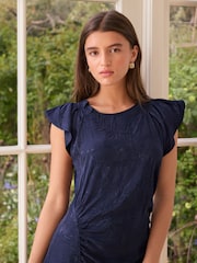 Navy Ruched Satin Jacquard Midi Dress - Image 4 of 7