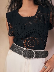 Black Plaited Wide Leather Belt - Image 1 of 4