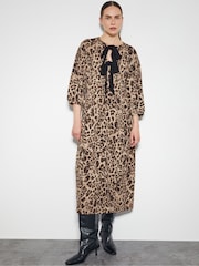 Monsoon Brown Archie Tie-Front Leopard Print Midi Dress - Image 1 of 3