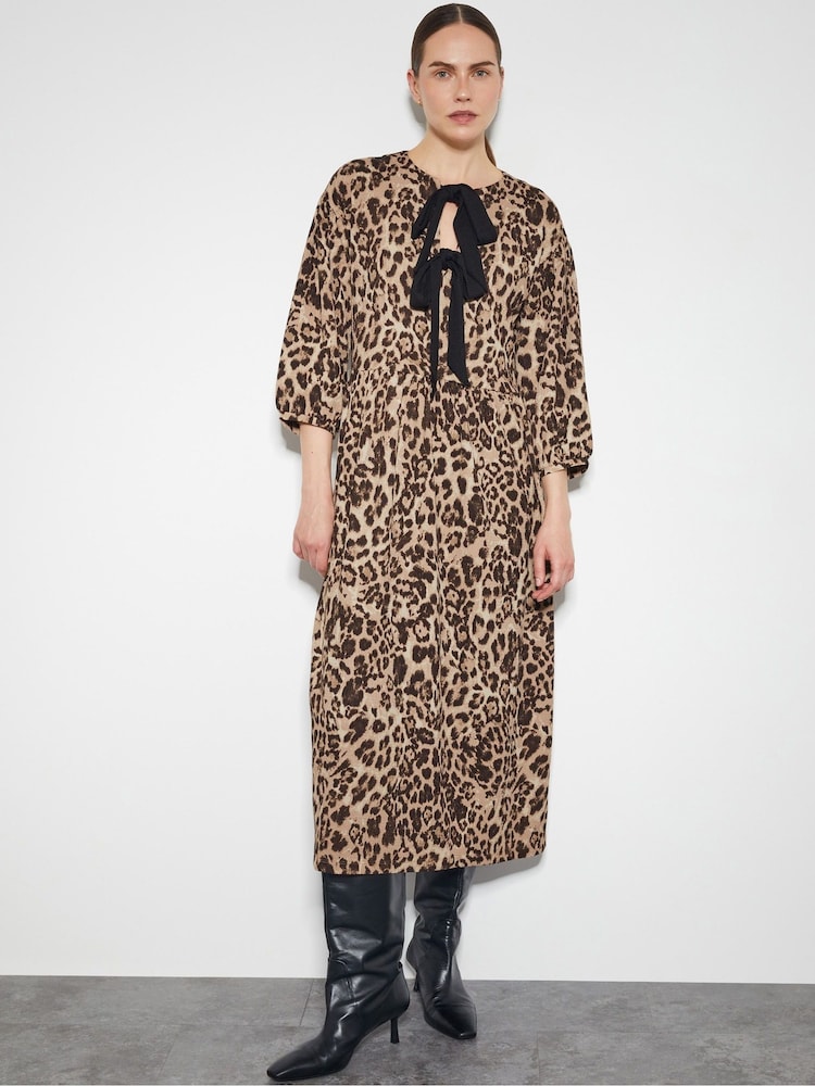Monsoon Brown Archie Tie-Front Leopard Print Midi Dress - Image 1 of 3