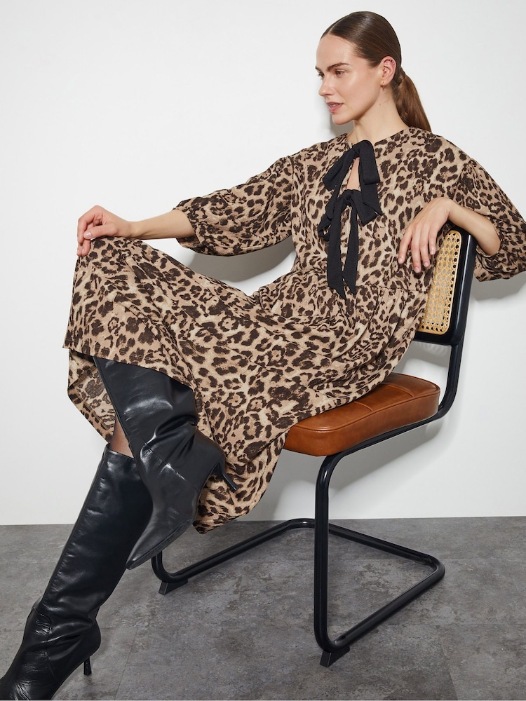 Monsoon Brown Archie Tie-Front Leopard Print Midi Dress - Image 2 of 3