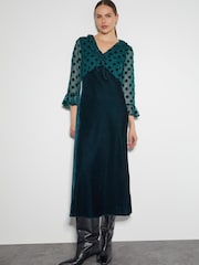 Monsoon Blue Dora Polka Dot Velvet Midi Dress - Image 1 of 4