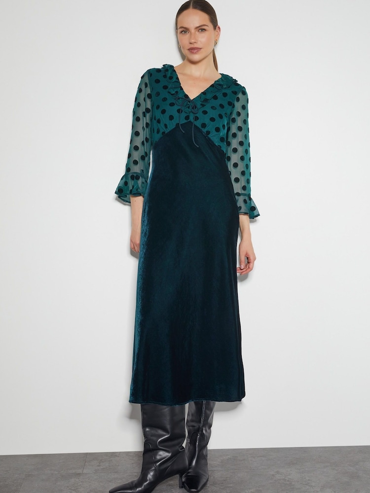 Monsoon Blue Dora Polka Dot Velvet Midi Dress - Image 1 of 4