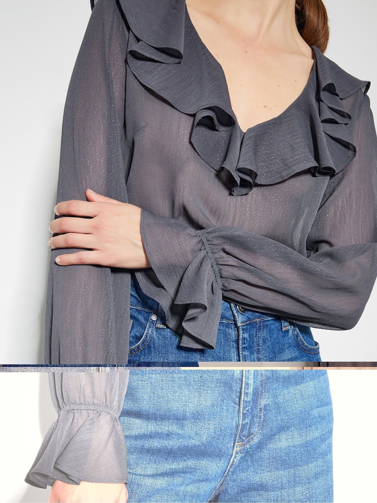 Monsoon Grey Emmy Sheer Sparkle Frill Blouse - Image 3 of 3
