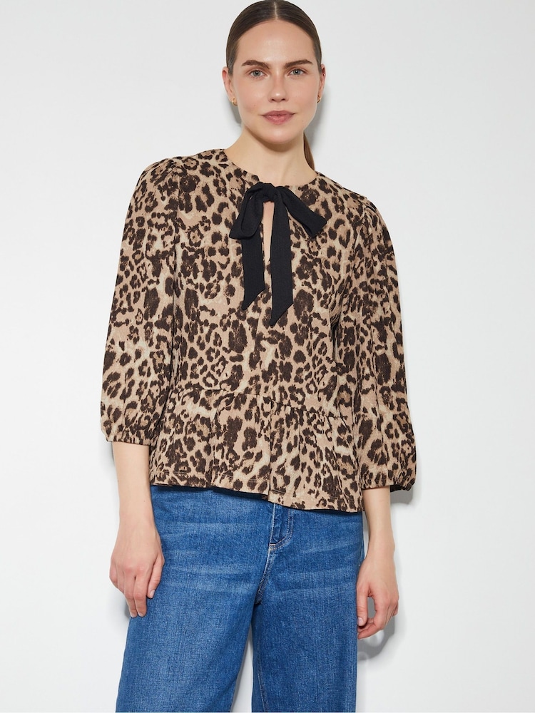 Monsoon Brown Archie Leopard Print Peplum Top - Image 1 of 3
