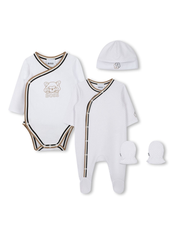 BOSS White Baby Logo Sleepsuit Giftset Set With Hat, Mitts & Bib - Image 1 of 8