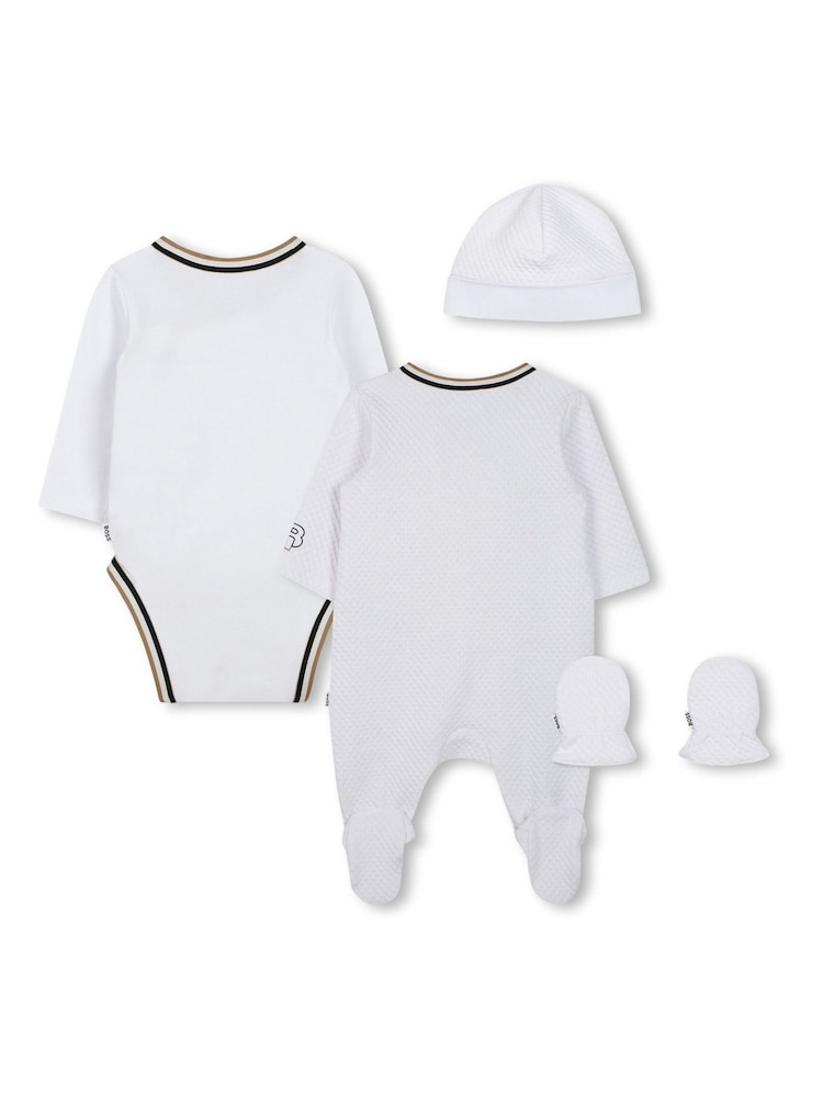 BOSS White Baby Logo Sleepsuit Giftset Set With Hat, Mitts & Bib - Image 6 of 8