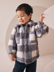Grey Checkerboard Borg Fleece Shacket (3mths-7yrs) - Image 1 of 8