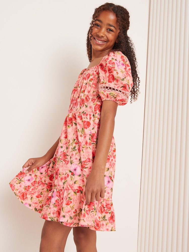 Lipsy Pink Square Neck Jersey Crinkle Dress (5-16yrs) - Image 4 of 4