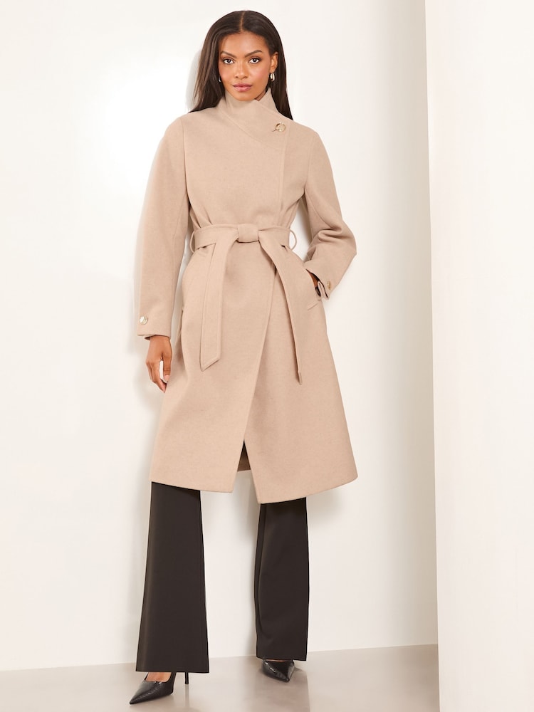 Lipsy Neutral Funnel Neck Wrap Belted Coat With Wool - Image 1 of 4
