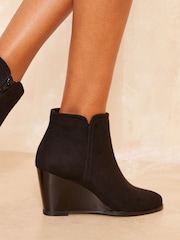 Friends Like These Black Round Toe Faux Suede Wedge Heel Ankle Boots - Image 4 of 4