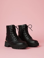 Lipsy Black Chunky Flat Faux Leather Lace-Up Ankle Boots - Image 2 of 4