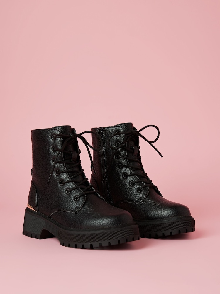 Lipsy Black Chunky Flat Faux Leather Lace-Up Ankle Boots - Image 2 of 4