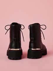 Lipsy Black Chunky Flat Faux Leather Lace-Up Ankle Boots - Image 3 of 4