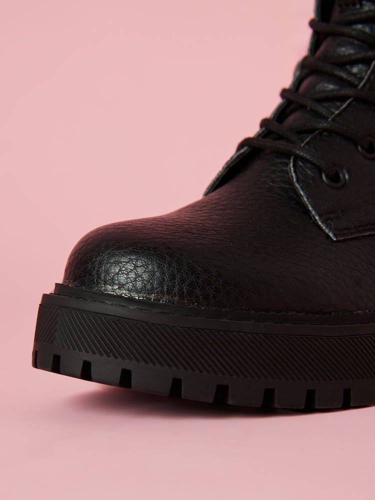 Lipsy Black Chunky Flat Faux Leather Lace-Up Ankle Boots - Image 4 of 4