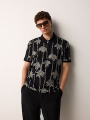 Black Palm Tree Pattern Quarter Zip Polo Shirt - Image 1 of 7