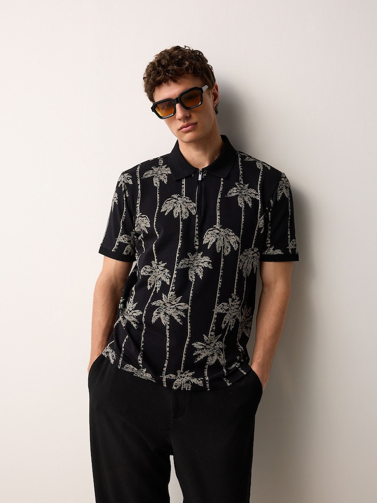 Black Palm Tree Pattern Quarter Zip Polo Shirt - Image 1 of 7 Black Palm Tree Pattern Quarter Zip Polo Shirt - Image 1 of 7