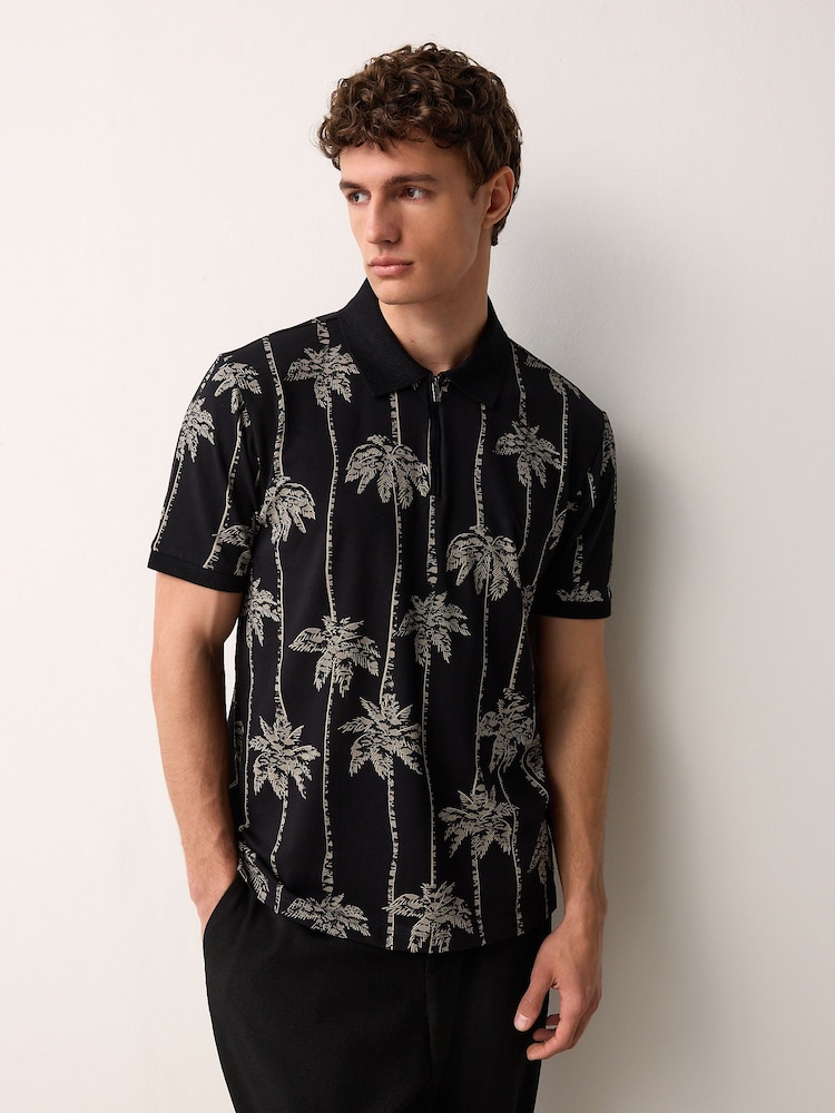 Black Palm Tree Pattern Quarter Zip Polo Shirt - Image 2 of 7