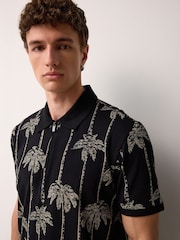 Black Palm Tree Pattern Quarter Zip Polo Shirt - Image 4 of 7