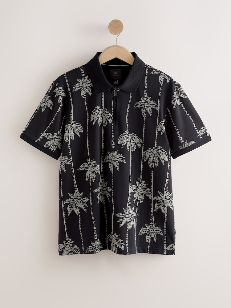 The Albiate Printed Camp Shirt in Charcoal and Grey Palm Tree
