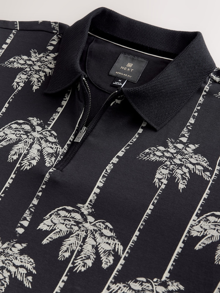 Black Palm Tree Pattern Quarter Zip Polo Shirt - Image 7 of 7 Black Palm Tree Pattern Quarter Zip Polo Shirt - Image 7 of 7