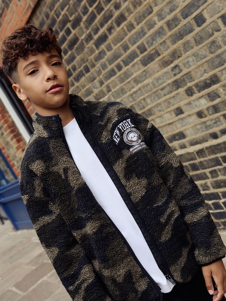 Khaki Camo Borg Fleece Camo Bomber Shacket (3-16yrs) - Image 1 of 7